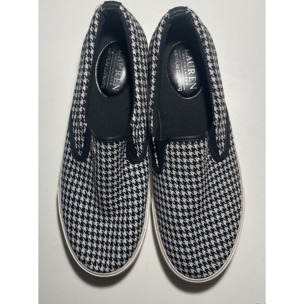Lauren Ralph‎ Lauren Ria Sneakers Women Black White Houndstooth Slip On SIZE 9.5
